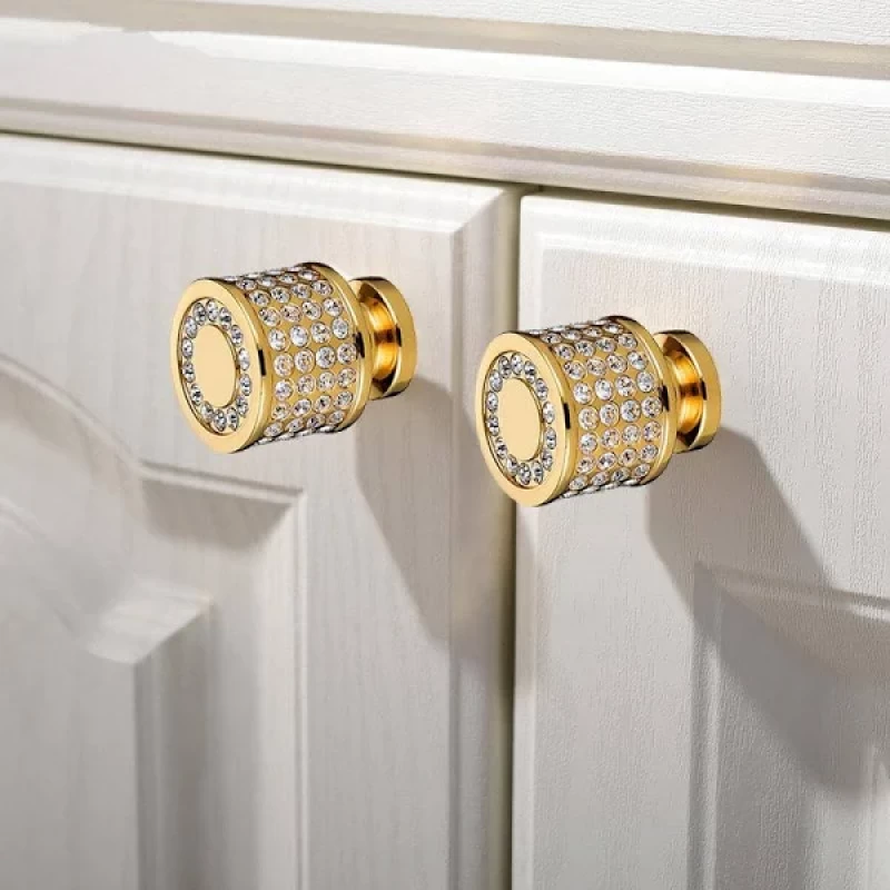 Luxury 24K Real Gold Czech Crystal Brass Round Cabinet Door Knobs and Handles Furnitures Cupboard Wardrobe Drawer Pull H